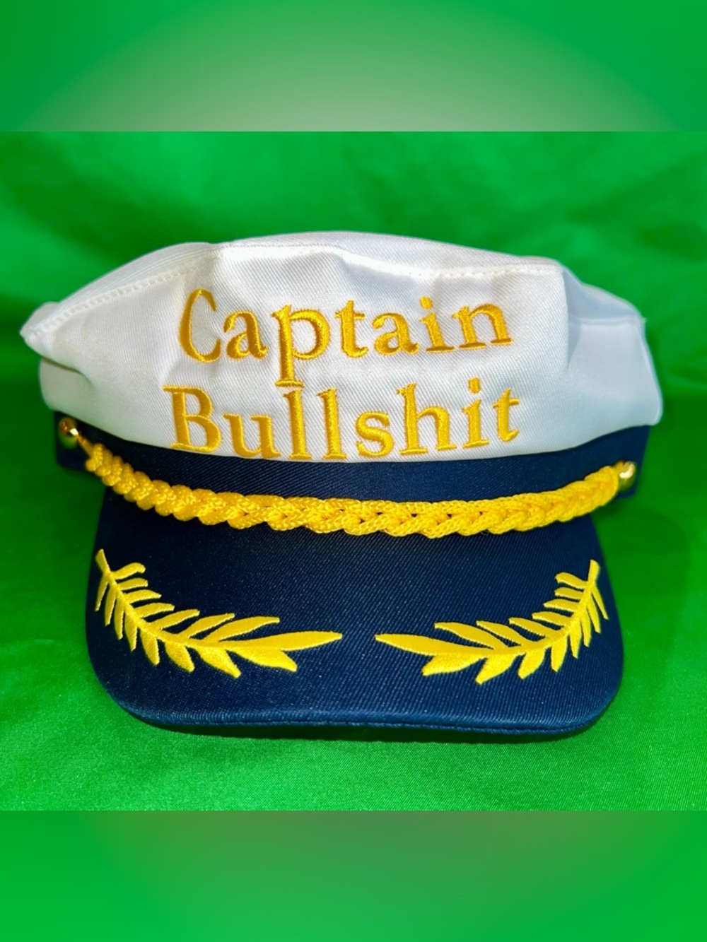 Captain Bullshit Embroidered Captain Hat - White & Navy with Yellow Accents NWT!